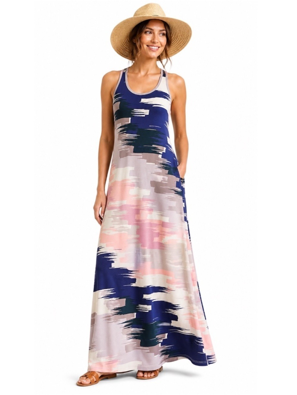TORI RICHARD Racerback Maxi Dress Watercolour Blue Pink Print MADE IN HAWAII S